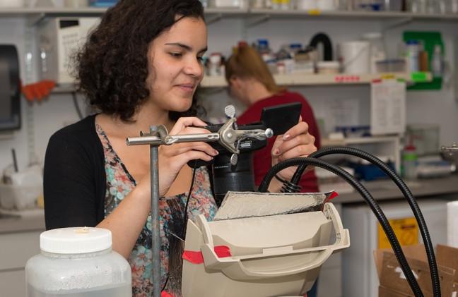 A student working with tools in a lab